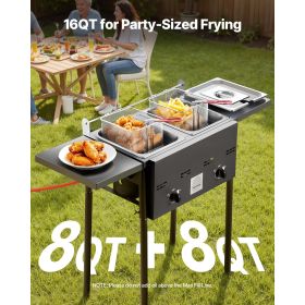 Outdoor Propane Deep Fryer, Dual-Tank 8QTx2 Commercial Fryer, Stainless Steel Cooker with Foldable Platform, Dual Basket, and Heat Adjustment