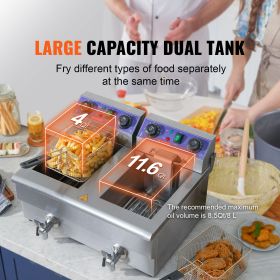 Commercial Deep Fryer, Dual Tank 3000W Electric Countertop Fryer with Basket, 2 x 11.6Qt/11L Double Stainless Steel Oil Fryer with Oil Filtration