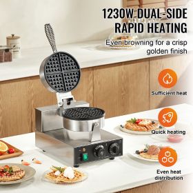 Commercial Waffle Maker, 1230W Round Waffle Baker Machine, Non-Stick Stainless Steel Belgian Waffle Iron with Temperature and Time Control, Handl